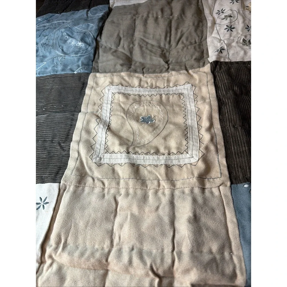 Home Collection Embroidered Quilt Only Patchwork Plaid Brown Tan Blue Full Queen